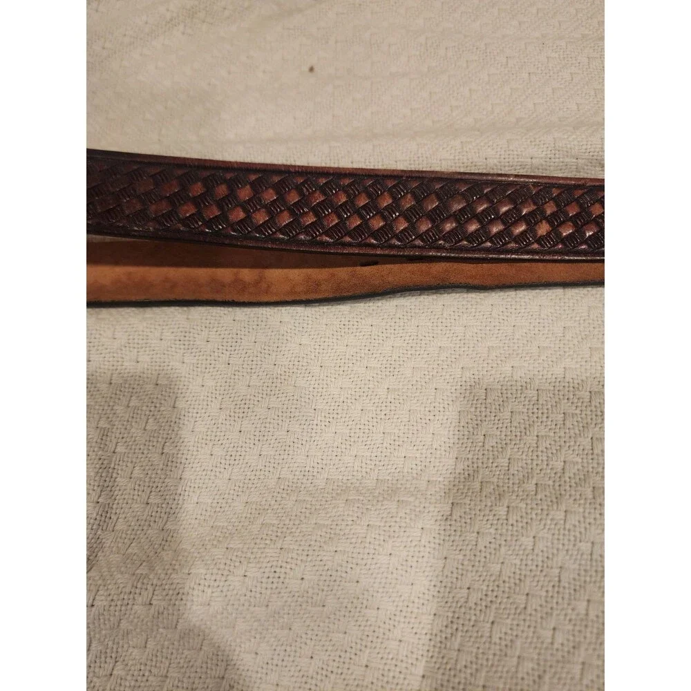 Brown Leather Belt Basket Weave Pattern Silver Buckle Good Usable Men 37